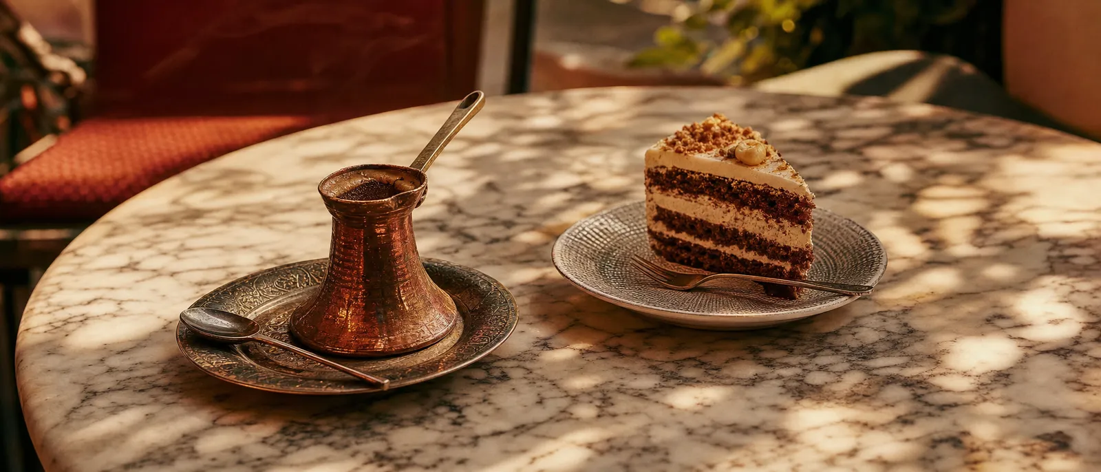 A Turkish coffee in a copper džezva with a slice of cake on a café table