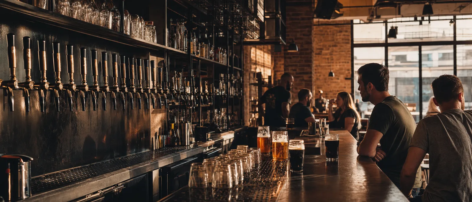 A row of taps and craft beer glasses on a Belgrade taproom bar