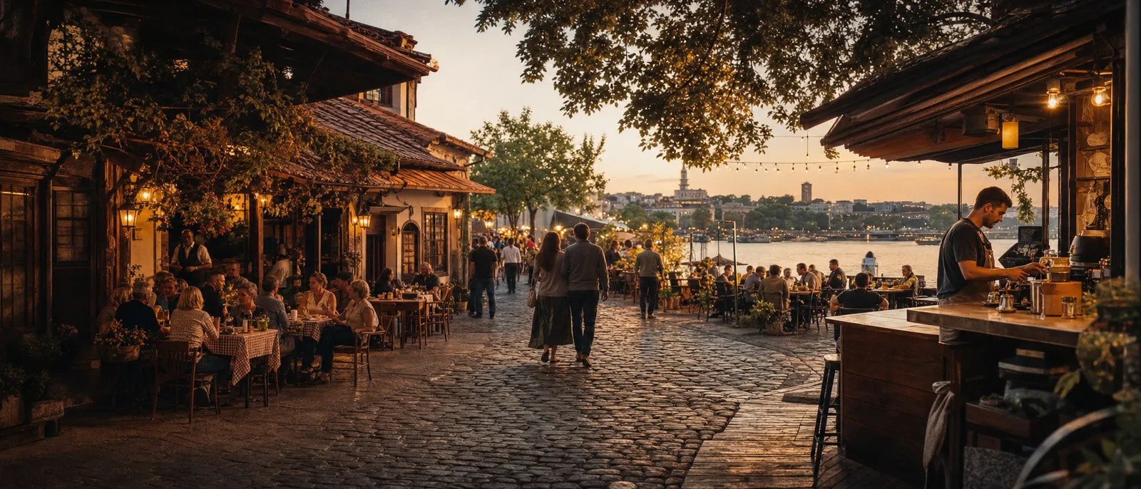 Belgrade dining districts suggested by a kafana lane and a riverside terrace
