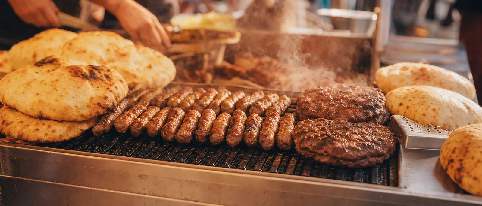 Ćevapi and a pljeskavica grilling over coals with flatbread at a grill counter
