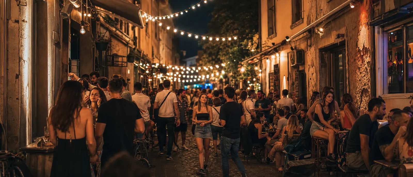 A lively Belgrade nightlife street glowing at night