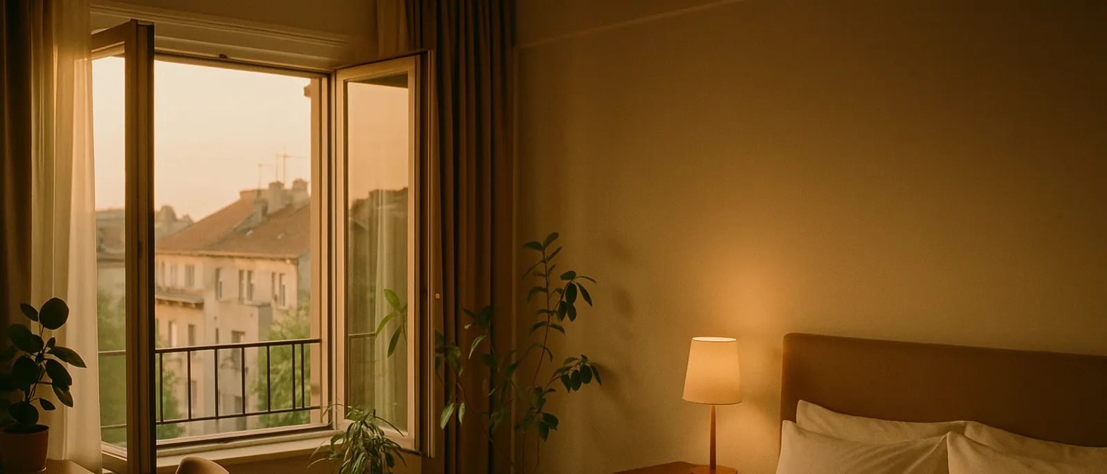 Clean, airy Belgrade hotel room with an open window and no ashtrays, suggesting a smoke-free stay