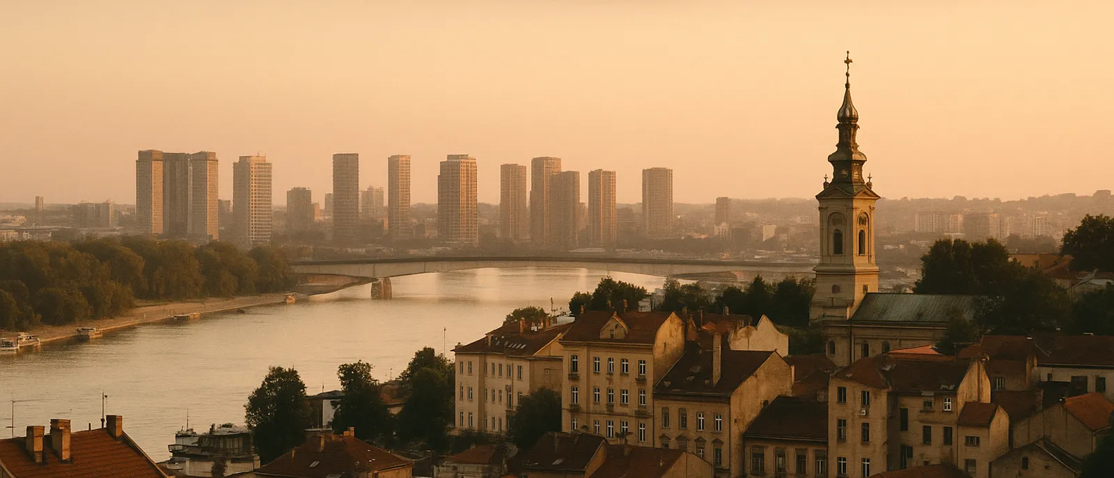 Split view of Belgrade's historic Old Town streets and the modern boulevards of New Belgrade across the Sava river