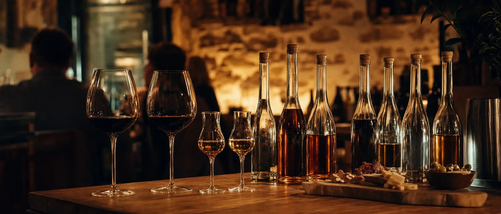 Glasses of Serbian wine and rakija bottles on a wine-bar counter