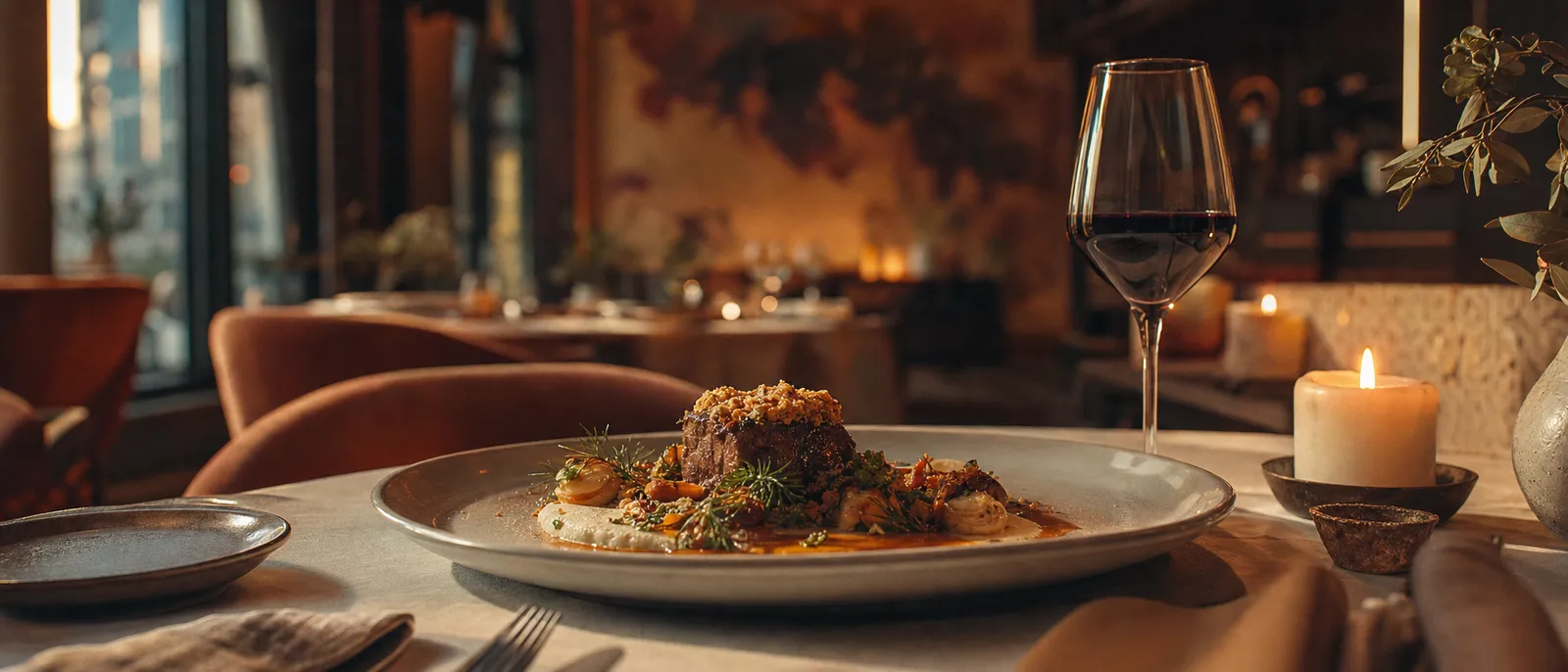 A plated fine-dining New Balkan dish with a glass of wine