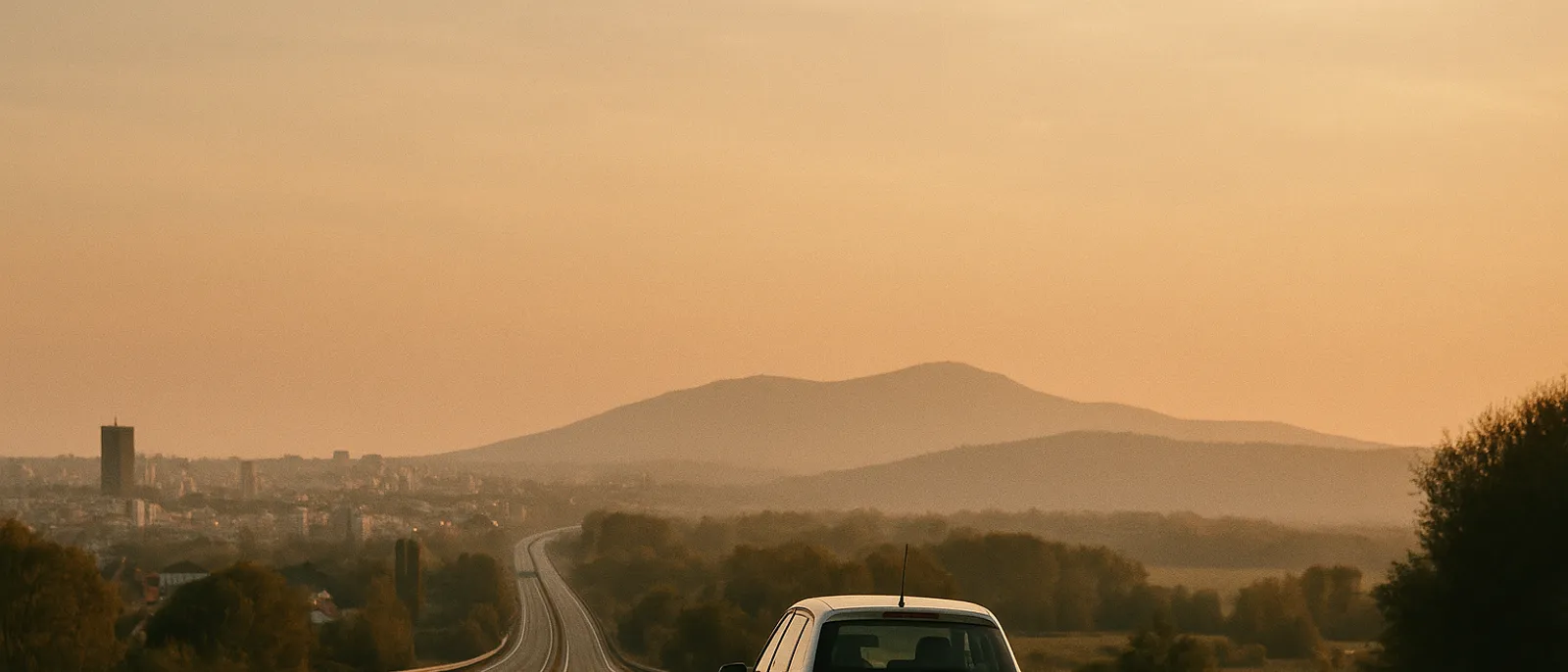 A rental car on a road leading out of Belgrade