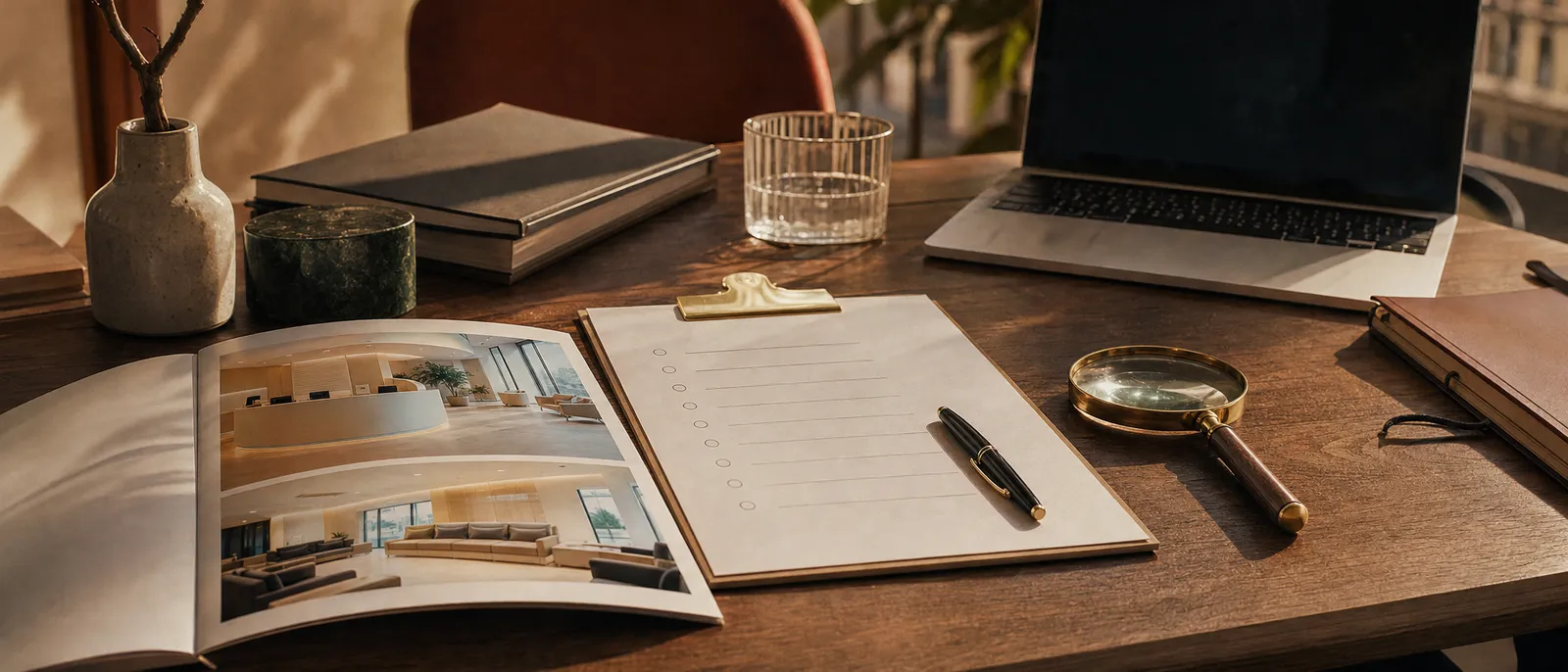 A desk with a clinic brochure, a checklist and a magnifying glass — doing due diligence