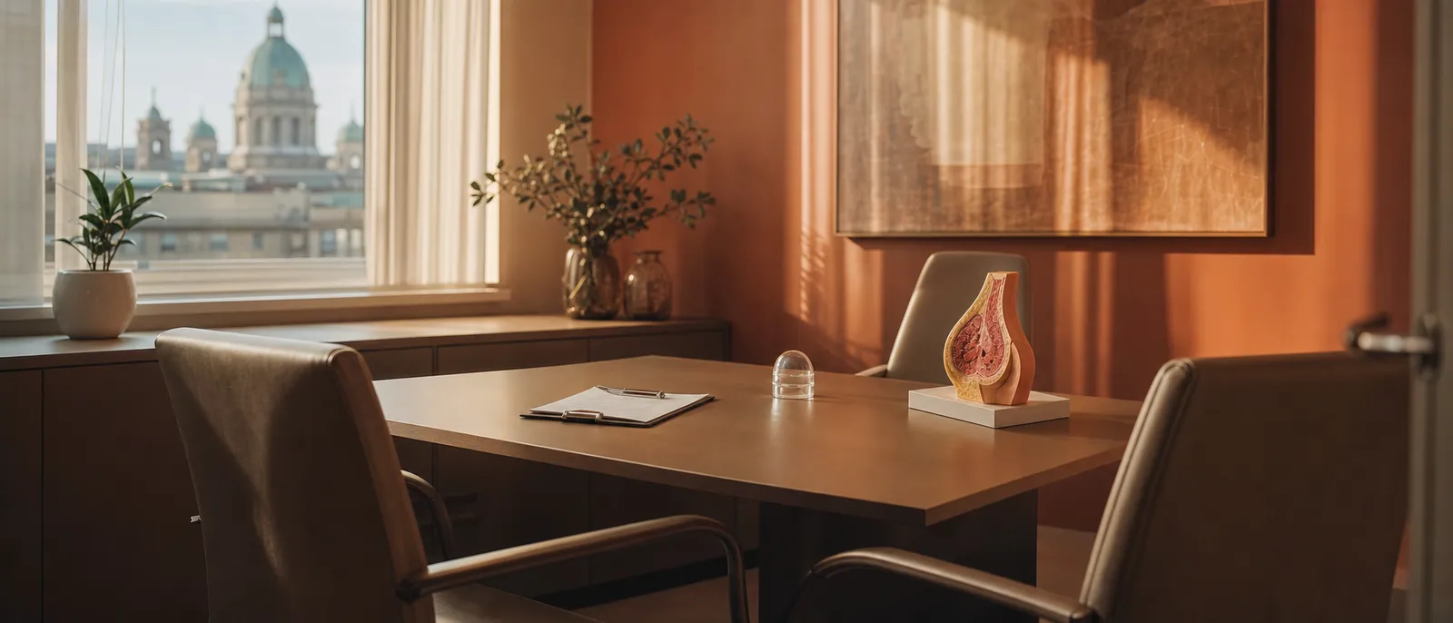 A calm surgical consultation room with chairs and a clipboard in daylight