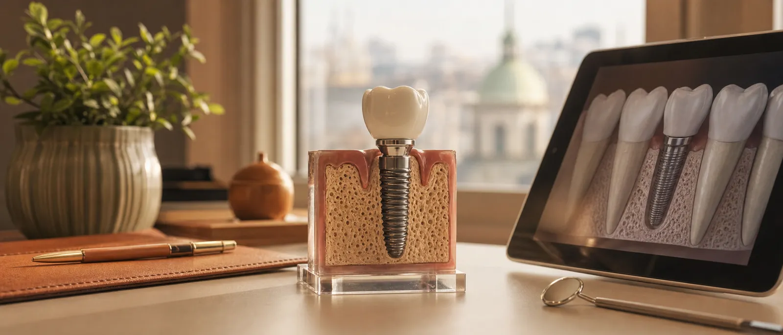 An educational dental-implant model and a tooth diagram on a desk