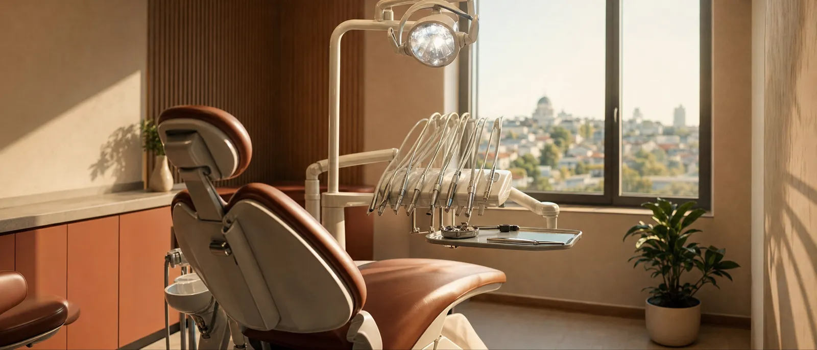 A bright modern dental treatment room with a clean chair in daylight