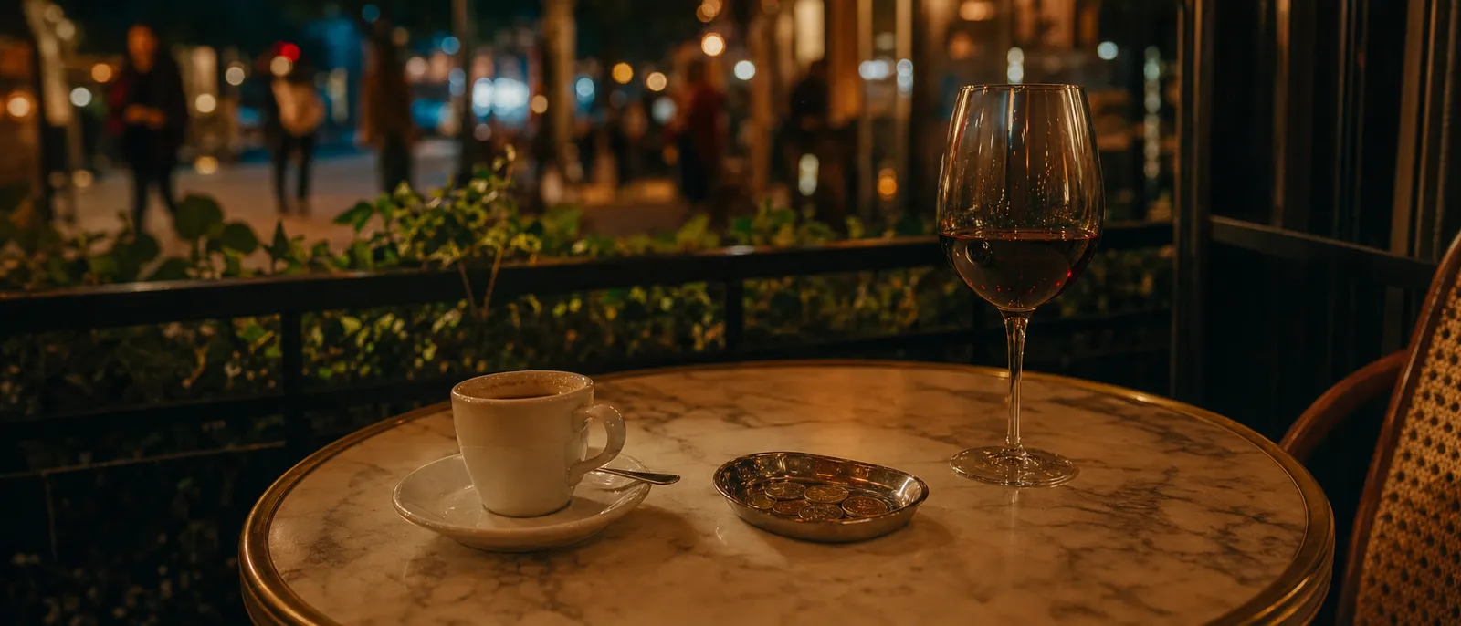 A Belgrade café table at night with coffee, a drink and a bill tray