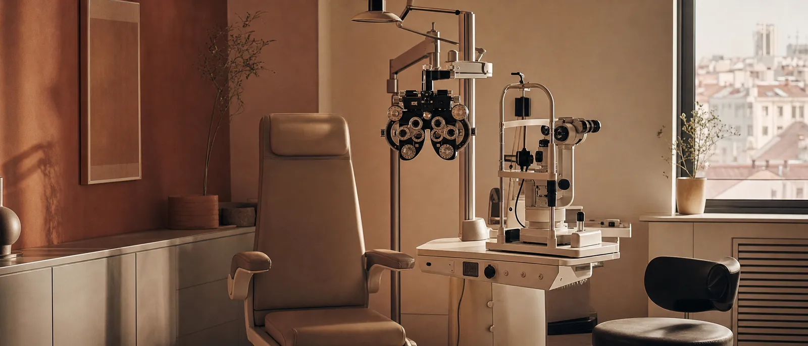 An ophthalmology consulting room with an examination chair and phoropter