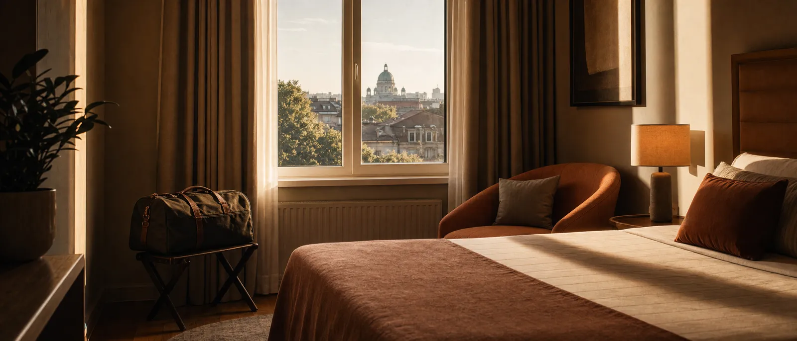 A calm, comfortable room in soft morning light with a packed travel bag