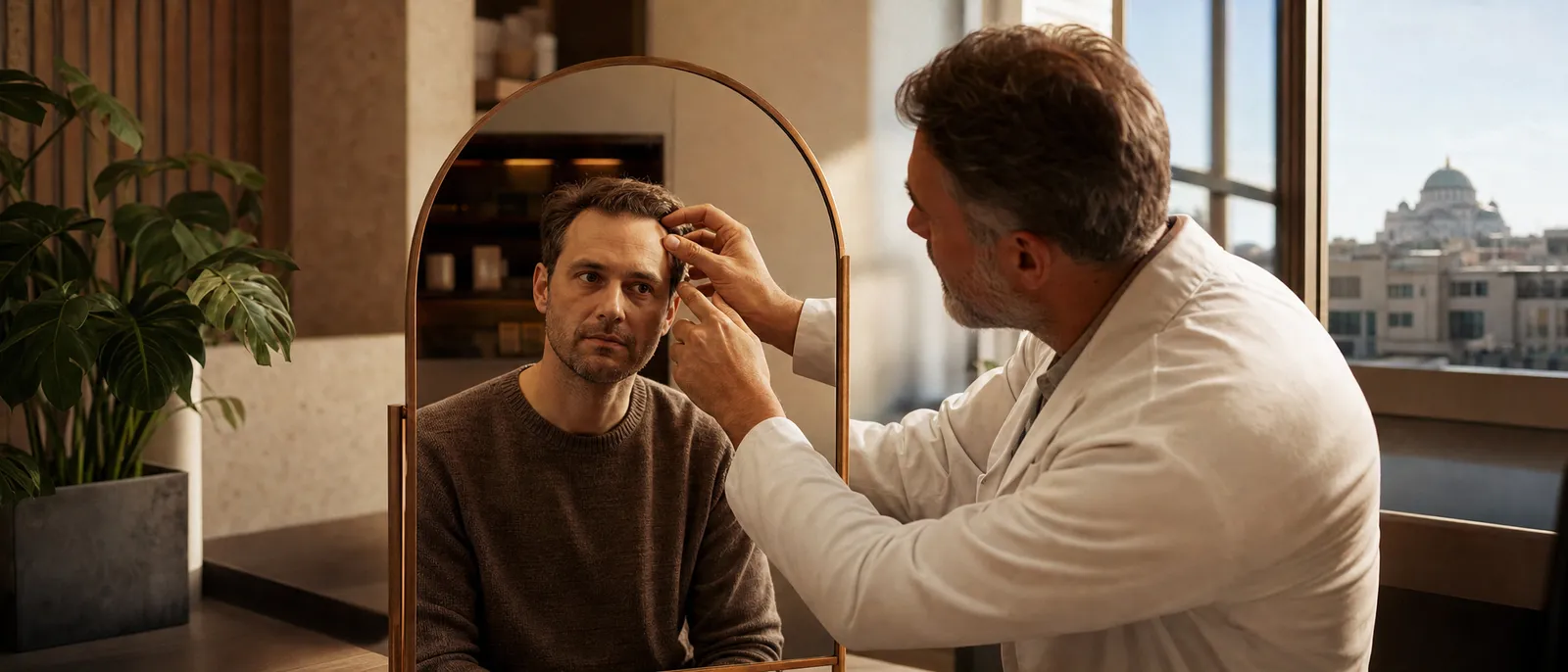 A specialist examining a patient's hairline at a mirror during a consultation