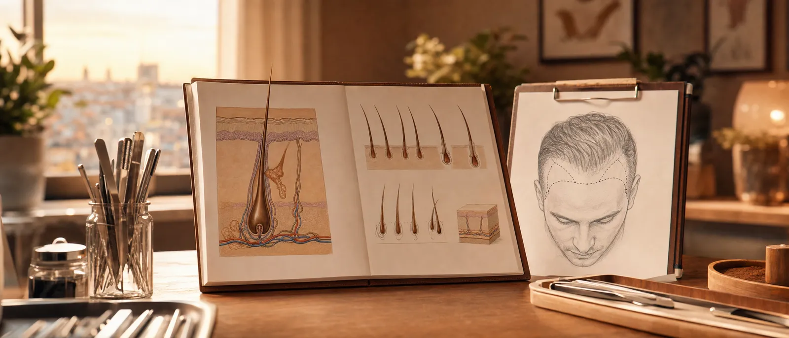 A follicle diagram and a hairline-mapping sketch on a clinician's desk