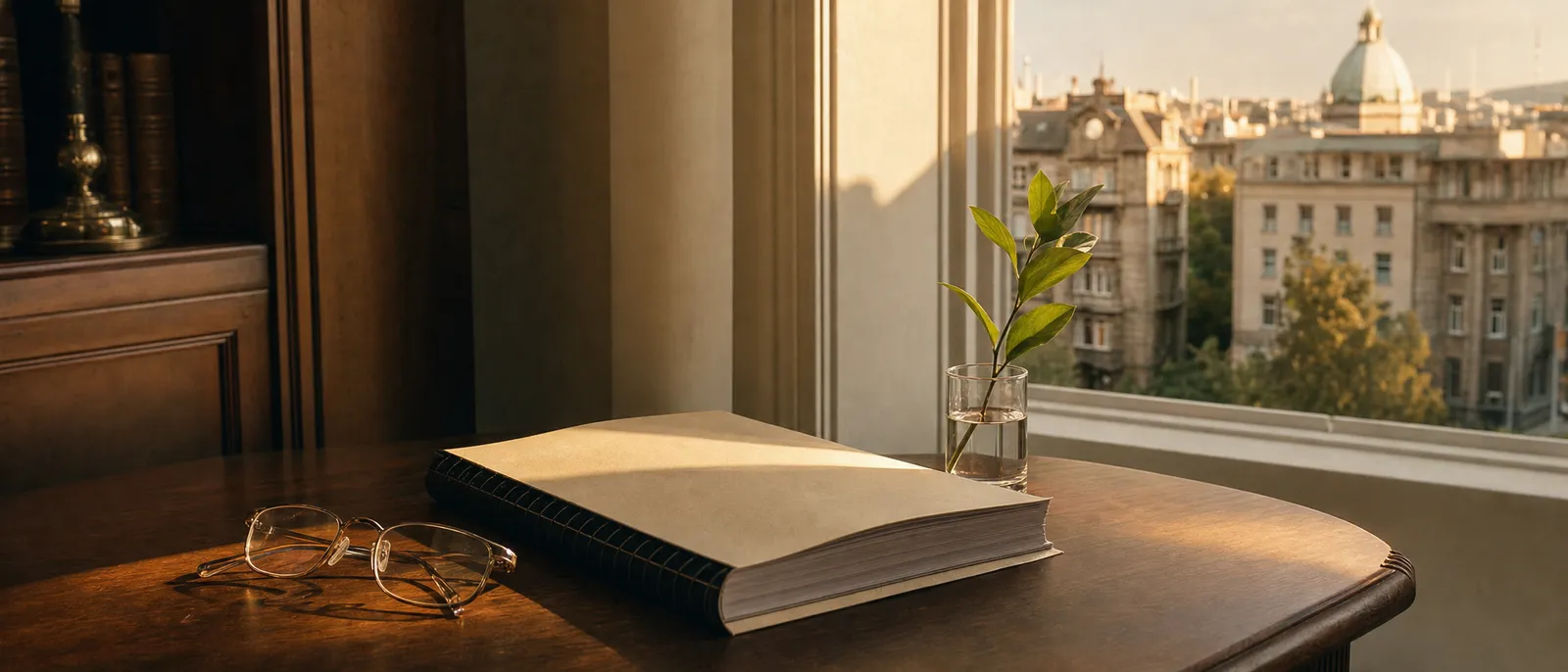 A bound document, reading glasses and a green sprig on a sunlit desk