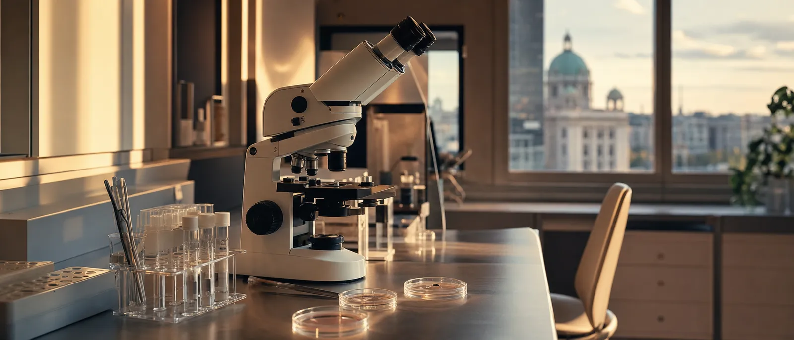 A calm embryology lab bench with a microscope and culture dishes