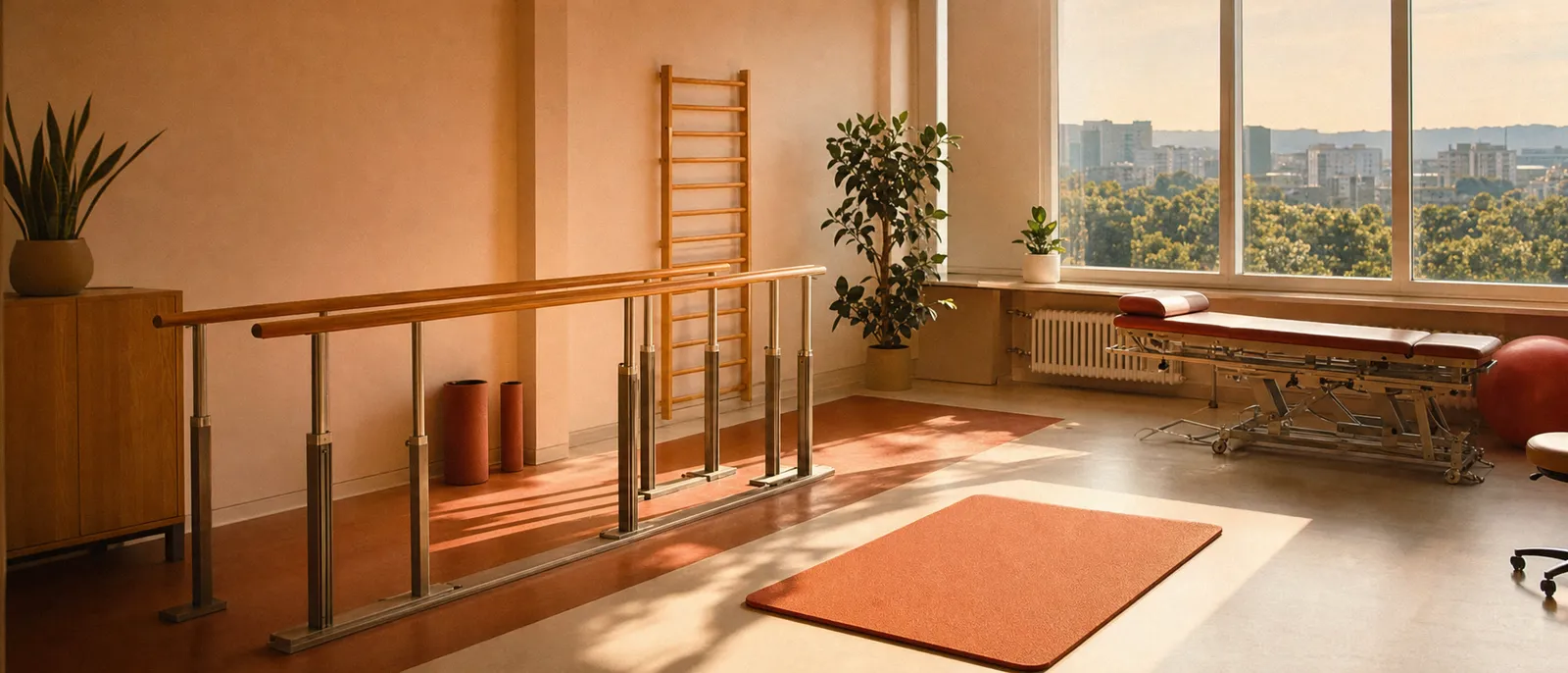 A bright orthopaedic rehabilitation room with parallel bars by a window