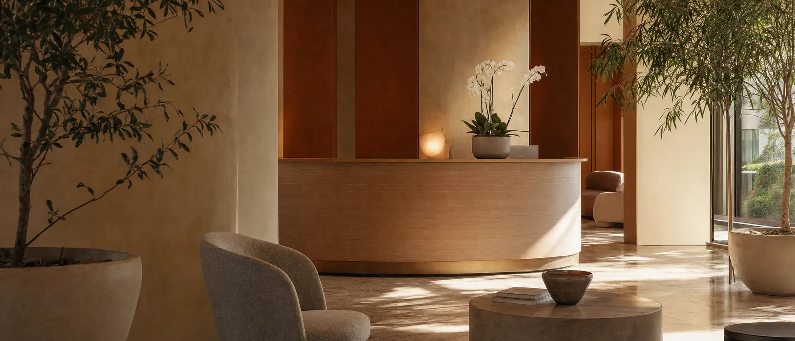 A calm modern private-clinic reception in soft daylight