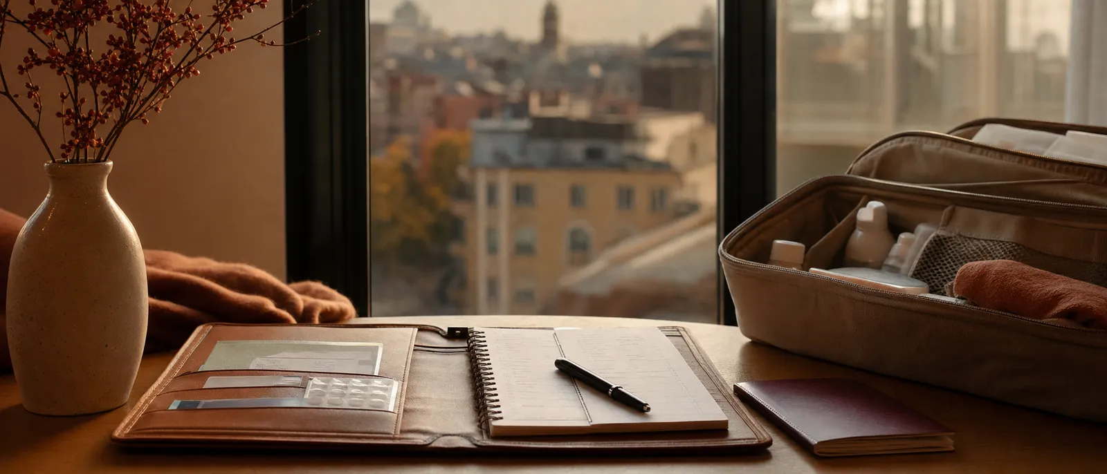 A travel-health folder, passport and packed bag by a window — planning recovery