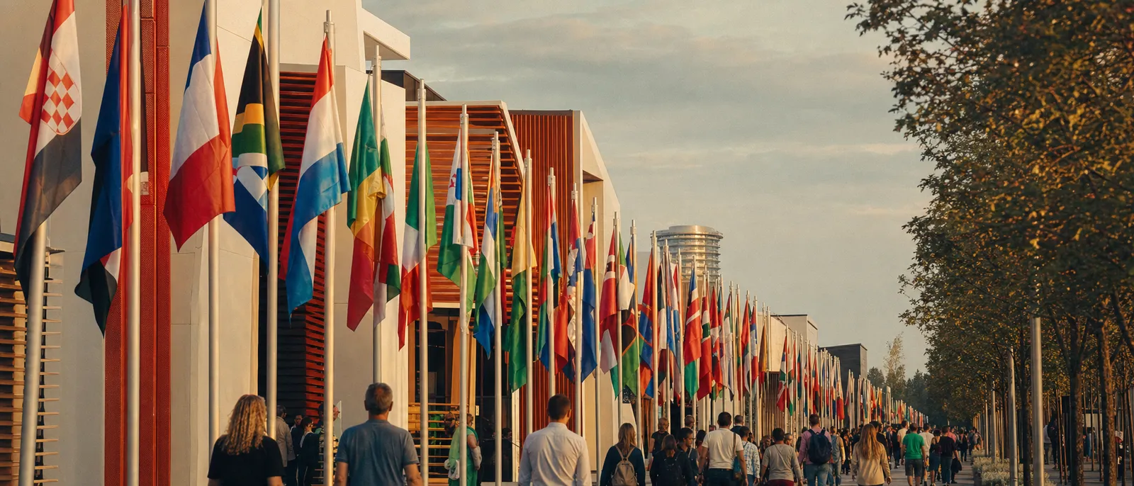 International flags and the Belgrade skyline — participating countries at Expo 2027