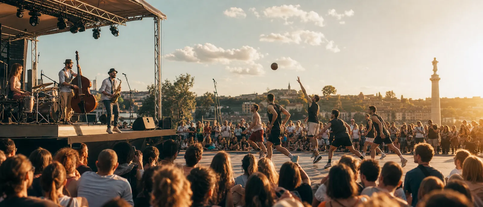 The Expo 2027 promenade in Belgrade at golden hour — sport, music and play