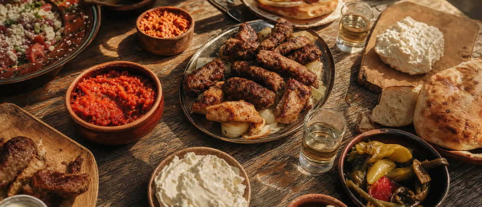 A shared table of Serbian dishes with grilled meat, ajvar and rakija