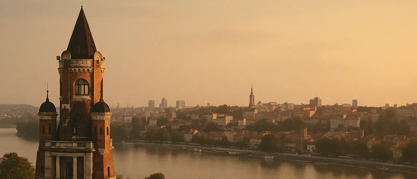 Split view of central Stari Grad rooftops and Zemun's Danube quay below the hilltop Gardoš Tower