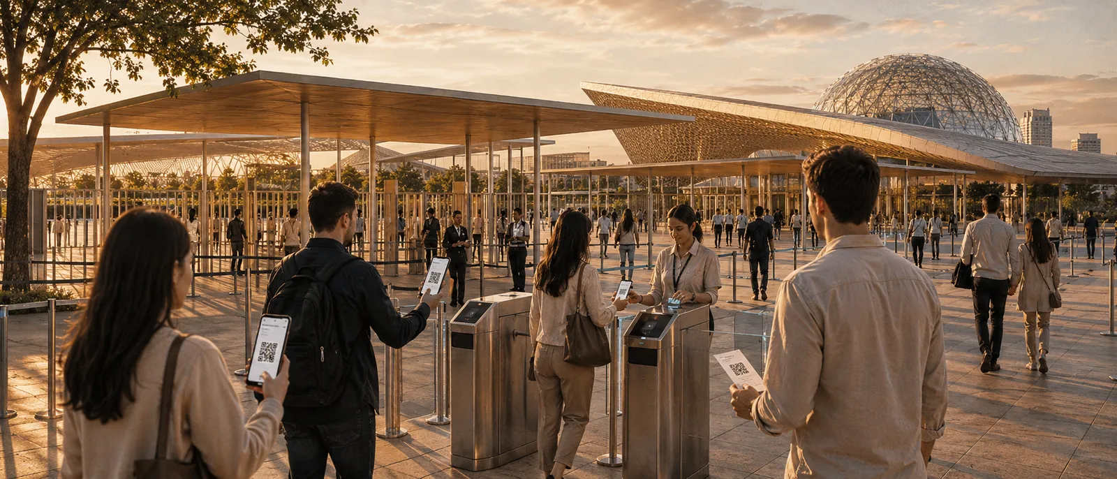 The entrance to Expo 2027 in Belgrade at golden hour