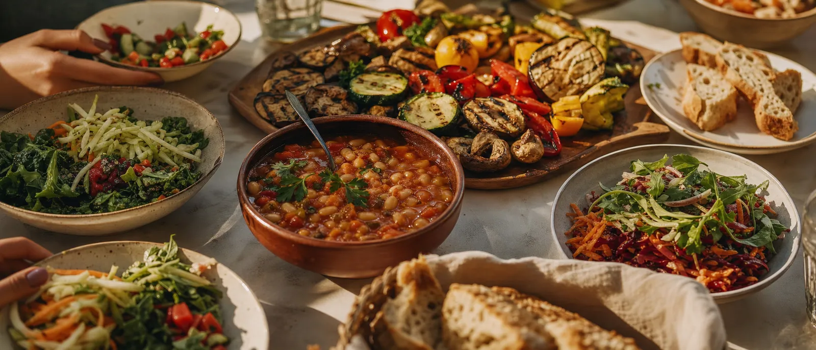 A colourful vegetarian spread of grilled vegetables, beans and salad