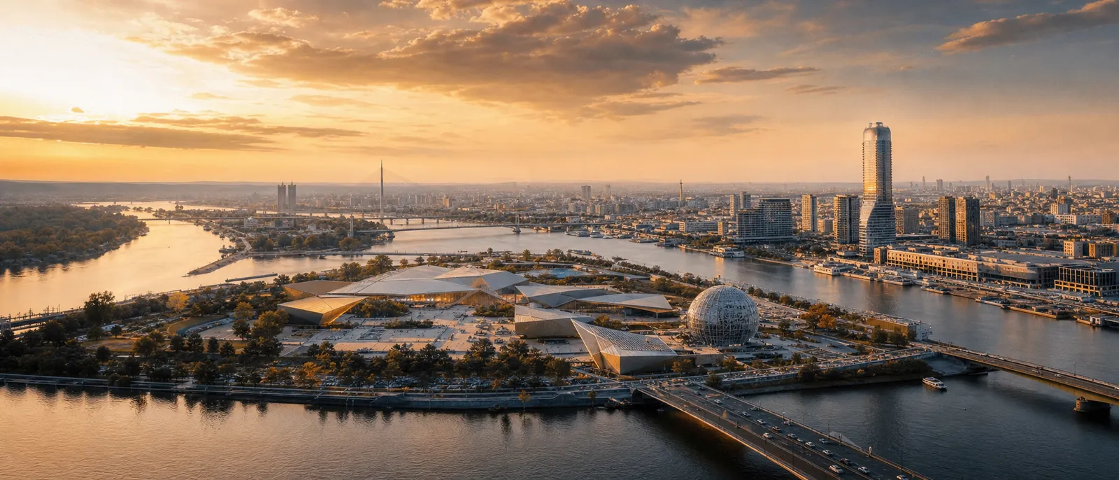 Belgrade's rivers and skyline at golden hour — the host city of Expo 2027