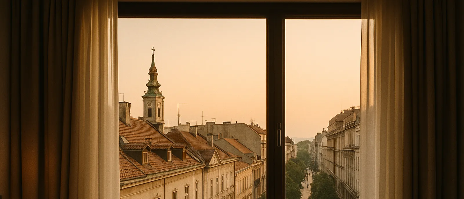 View over Belgrade's Old Town rooftops toward Kalemegdan Fortress and the Sava–Danube confluence